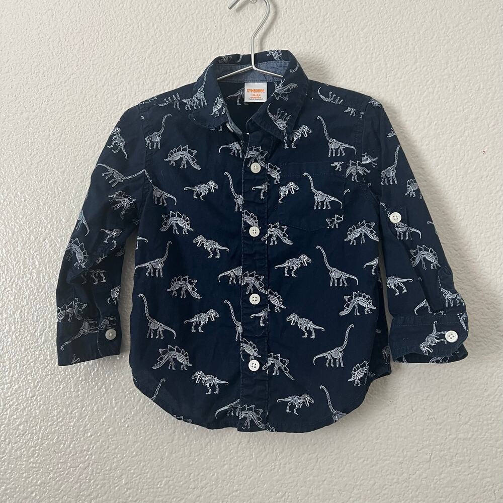 Gymboree dinosaur button up shirt roll tab long sleeve navy blue white print